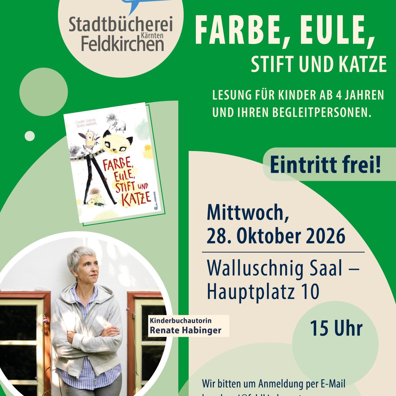 Lesung Farbe, Eule, Stift und Katze
